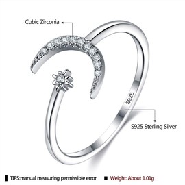 chengxun 925 Sterling Silver Star Moon Open Rings for Women Cubic Zirconia Adjustable Ring Girl's Jewelry Gift
