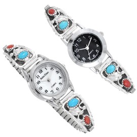 Pretty Navajo Sleeping Beauty Turquoise Coral Silver Watch Ladies Sterling Bracelet Style 1352