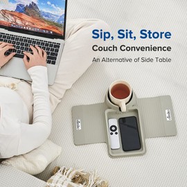 Couch Cup Holder Tray, Elimiko Silicone Sofa Drink Holder with Large Cup Holder and Tray, for Oversized Mugs/Long Remote/Snacks/Cellphone (Griege)
