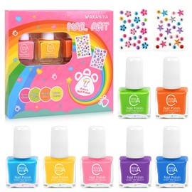 wakaniya Kids Nail Polish Set for Girls with Gems Nail Stickers, 7 Colors Non Toxic Safe Nail Polish Peel-Off Low Odor