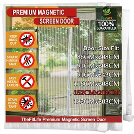 TheFitLife Magnetic Fly Screens for Doors - Heavy Duty Mesh Curtain with Full Frame Hook and Loop Powerful Magnets That Snap Shut Automatically (White 158x206cm - Fits Doors up to 152x203cm Max)