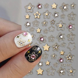 Gold Silver Heart Star Nail Stickers Decals 3D Self-Adhesive Nail Design Stickers Hollow Heart Star Gems Nail Decals for Women Girls DIY Gold Silver Manicure Decoration KTAABTR 4 Sheets