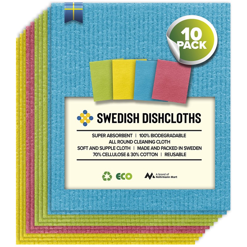 Swedish Dishcloths - 10 Pack Absorbent, Reusable, & Washable Hand