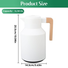 35 Oz Thermal Coffee Carafe, Double Wall Vacuum Thermo with Wooden Handle 1 Liter Hot Water Tea Pot Beverage Pitcher Coffee Dispenser (25.5x14.3cm/10.04x5.63in)(White)