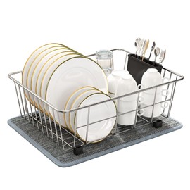 DOLRIS Dish Drying Rack, Dish Drainer for Kitchen Counter, SUS304 Stainless Steel Dish Rack with Utensil Holder and Dish Drying Mat, Black