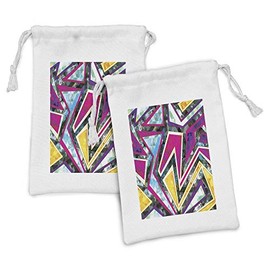 Ambesonne Diamond Fabric Pouch Set of 2, Digital Diamond Motifs with Diagonal Technique Effects Pop Art Style Print, Small Drawstring Bag for Toiletries Masks and Favors, 9" x 6", Pink Yellow Green