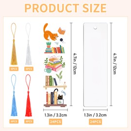24 Pcs Acrylic Bookmark Blanks with Tassels: Clear Bookmarks Making Kit with 24 Pcs Cute Cat and Book UV DTF Book Mark Transfer Stickers, Gifts DIY Craft Kit for Girls Kids Students Book Lovers