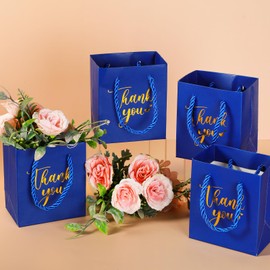 Honoson 30 Pcs Mini Gift Bag with Handle 4 x 2.75 x 4.5'' Small Thank You Paper Bag for Wedding Baby Shower Birthday Graduation Thanksgiving Party Favor Supplies(Dark Blue/Gold)