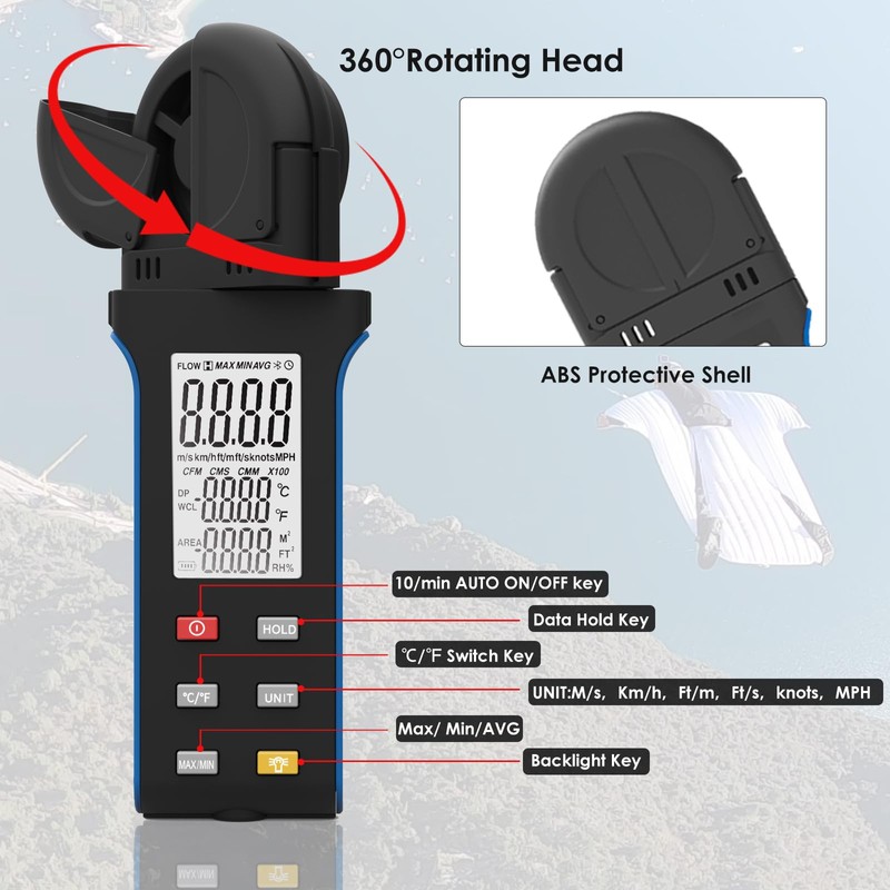 AIOMEST Wind Checker Handheld Anemometer，Airflow Velocity Speed Meter Measurement w/LCD
