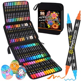 NICETY 60 Colors Acrylic Paint Markers, Dual Tip Acrylic Paint Pens with Fine Tip and Brush Tip Pens for Rock Painting, Canvas, Wood, Ceramic, Glass, Stone, Fabric, DIY Crafts & Art Supplies