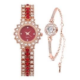 BESTKANG Women's Watch Two Tone Diamond Luxury Elegant Water Diamond Quartz Bracelet Set (Rose Gold Red)