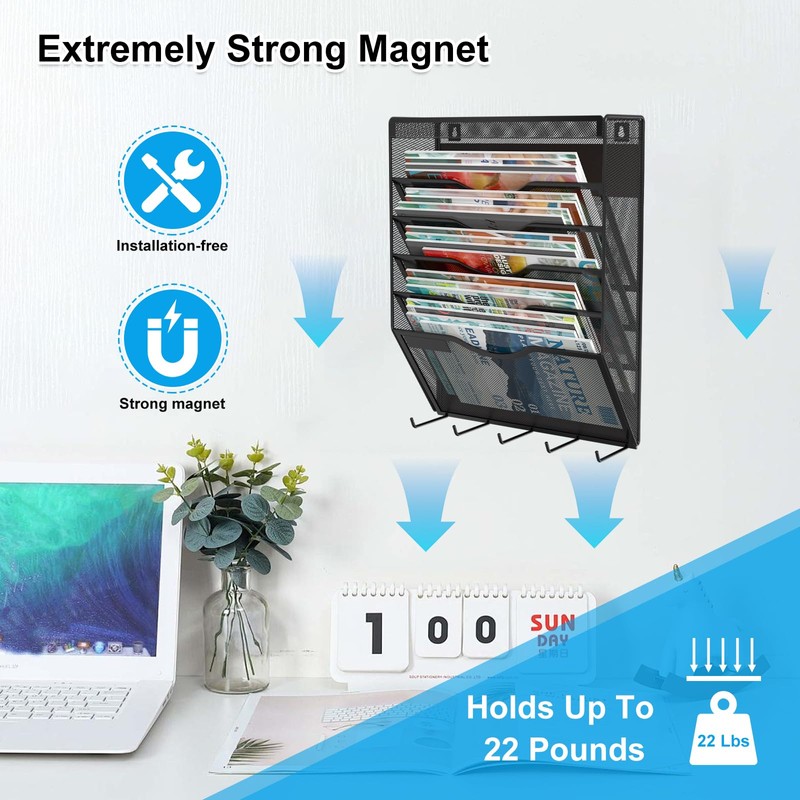 KZWKRG 6 Tier Magnetic File Holder with Hook, Magnetic File