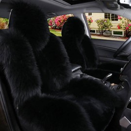 IMQOQ A Pair 50% Genuine Sheepskin Fur Car 2 Front Seat Covers Set Winter Warm Universal Black…