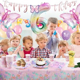 Komicea Butterfly Birthday Decoration, 111-Piece Butterfly Party Tableware Set, 6 Years Birthday Decoration Girls, 6 Years Birthday Party Tableware for Children's Birthday Decoration, Baby Shower for