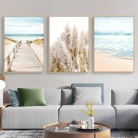 Herfair Set of 3 Poster, Boho Beige Natural Beach Pampas Grass Pictures, Modern Wall Pictures, Wall Decoration, Vintage Pictures Decoration for Living Room, Bedroom, Without Frame (21 x 30 cm)