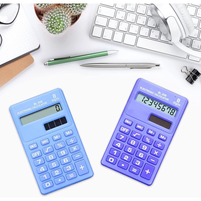 Blue Basic Standard Calculators Mini Digital Desktop Calculator, Solar Power