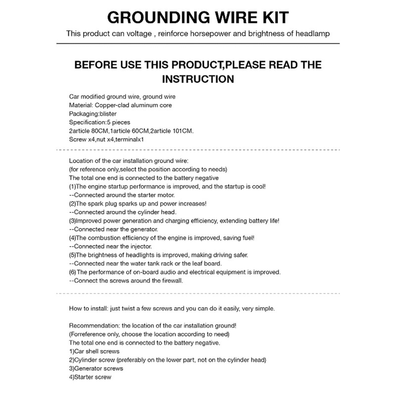 Car Grounding Wire Kit,5 in 1 Universal PVC Grounding Wire