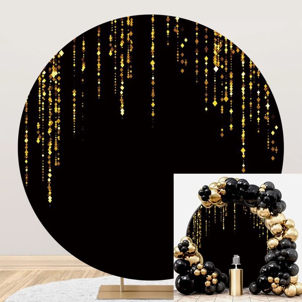 OERJU Black and Gold Round Backdrop Cover Black Golden Sequins