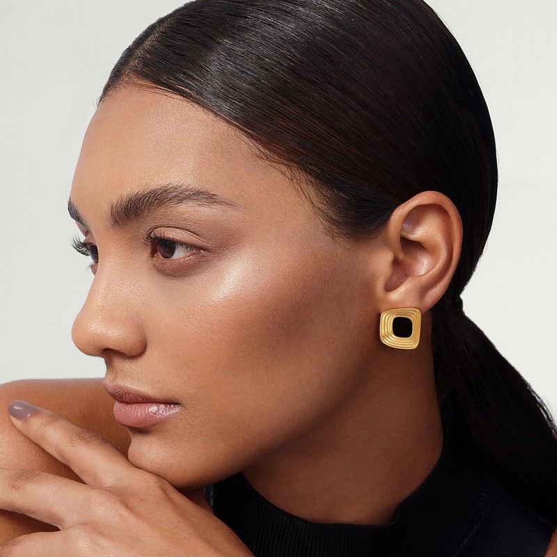 Freekiss Black Square Stud Earrings for Women, Chunky Gold Geometric