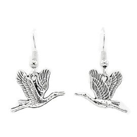 Flying Wild Goose - 20x15mm - Tibetan Silver charm dangle earrings. Hypoallergenic Stainless-Steel Fishhook or Silver Plated Ball-Post, or Clip-on Earrings Opt.