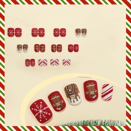 Christmas Short False Nails - 24PCS Matte Square Fake Nails - Red Christmas Style with Cute Pattern False Nails with Glue - Long Lasting Glossy Full Cover DIY Nail Gifts for Women