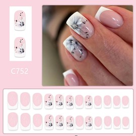 Square Press on Nails Short False Nails White French Tip Fake Nails with Designs Nails Flower Acrylic Nails Glossy Full Cover Stick on Nails for Women and Girls 24Pcs