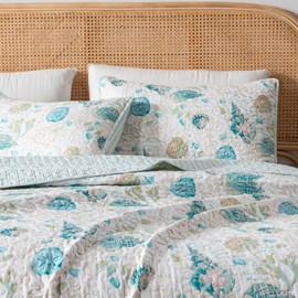 Full / Queen Coastal Quilt Bedding Set, Summer Coastal Quilt with Shams, Beach 3-Piece Reversible All Season Bedspread Quilt Set. Lightweight Nautical Quilted Coverlet. Westsands Collection,Blue/Taupe