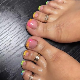 Summer Toe Press on Nails Short Square Fake Toe Nails Colorful French Tip False Toenails Cute Acrylic Nails with Rainbow Gradient Designs Glossy Stick on Toe Nails for Women Girls 24Pcs