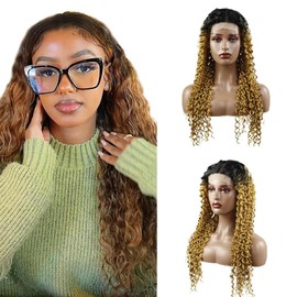 Weeybay Curly 4x4 Lace Front Wigs 1B/27 Black Root Honey Blond 100% Unprocessed HD Transparent Human Hair Wigs Ombre Blonde Color for Women 24 Inch