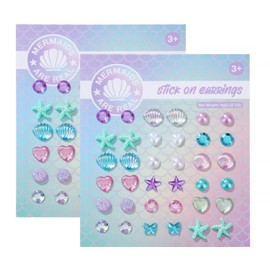 Mermaid Shell Stick on Earrings 3D Self-Adhesive Pearl, Butterfly, Stars, Moon Sticker Earrings, Stick on Earrings for Little Girls 4-6, Kids Girl Face Eye Crystal Gem Stickers (2 Sheet Sets)
