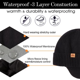 TOP-EX Large Head Unisex 80% Merino Wool Waterproof Beanie Ear Warmers Winter Fleece Lined Beanie Outdoor Skiing Hat Black XL XXL
