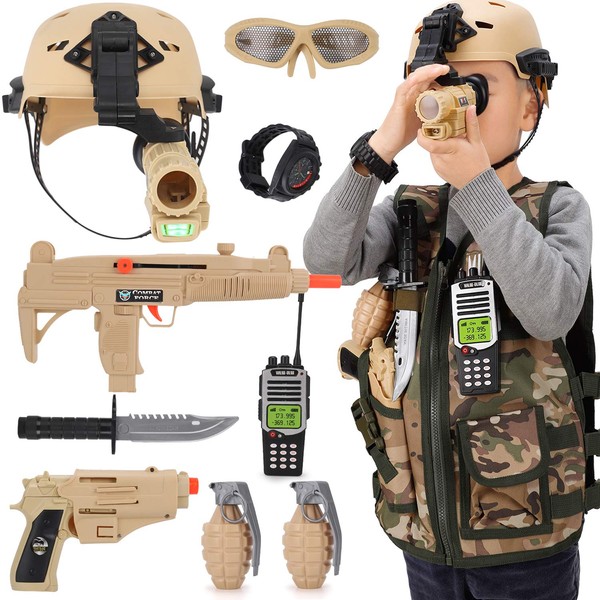 Liberty Imports Kids Army Soldier Military Combat Marines Desert Camo Halloween Costume, Deluxe Dress Up Cosplay Role Play Set with Helmet, Toy Guns, Accessories (11 Pcs)