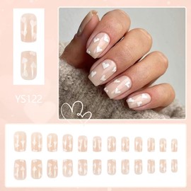 FIEONCIY Press on Nails Short Square Glossy Full Cover Acrylic Short Square False Nails with Heart Designs Artificial Square Fake Nails Glue ons Fingernails for Women Girls(YS122)