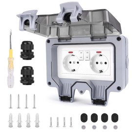 NVIYAM Outdoor Socket Surface-Mounted, IP66 Waterproof Socket with Switch Indicator Light, 2 Compartments, Outdoor 16 A Garden Socket with Hinged Lid, Surface-Mounted Socket for Wet Rooms Outdoors