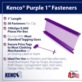 Kenco 1 Inch Standard Tagging Attachments, 1-in Fasteners for Tagging Retail, Consignment and Manufacturing - 5,000 Pieces Per Box 50 per Clip (1 Box 5,000 Fasteners, Purple)