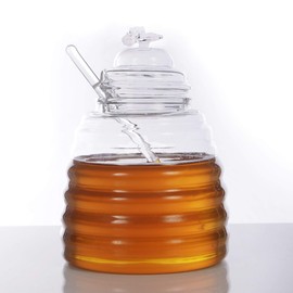 ORNAMI Handmade Glass Honey Pot with Dipper and Lid, 450 ml