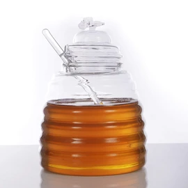 ORNAMI Handmade Glass Honey Pot with Dipper and Lid, 450 ml