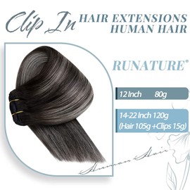 RUNATURE Clip in Balayage Hair Extensions Off Black to Silver Ombre Clip in Hair Extensions Real Human Hair Ombre Real Hair Extensions Clip in Human Hair Thick Full Head Hair 16 Inch 120g 7pcs