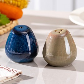 Tanew Ceramic Salt and Pepper Shakers Set of 2, 2oz Farmhouse Style, Vintage Cute Mini Salt Shakers, Reactive Glaze Blue & Brown, Perfect for Compact Cooking, Travel, BBQ, Kitchen and Resturant Decor