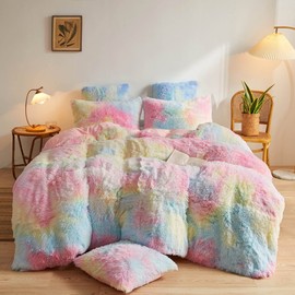 XeGe Tie Dye Plush Shaggy Duvet Cover Set, 3 Pieces Soft Velvet Fluffy Furry Bedding Set Rainbow Print(1 Multicolor Faux Fur Fuzzy Comforter Cover + 2 Pillowcases), Zipper Closure(Queen Size, Rainbow)