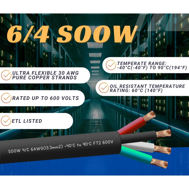 6 Gauge 4 Conductor 6/4 AWG Black SOOW Portable Power
