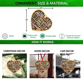 Talataca Bookshelf Heart Shape Book Lovers Nerd Bookworm Reader Writers 2D Flat Car Rear View Mirror Accessories Christmas Tree Ornament Decoration Hanging Charm Interior Rearview Pendant Decor Gift