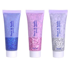 3 Colors Face Body Glitter Gel, Sequins Shimmer Liquid Eyeshadow, Chunky Glitter for Face Hair Nails, Holographic Cosmetic Laser Powder,Rave Festival Glitter Makeup.(01#Blue+03#Pink+05#Silver)