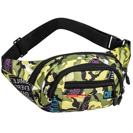 Bum Bag, Bum Bag Camo Waist Bag for Boys, Adjustable Belt Waist Packs for Outdoors, Sport, Hiking, Travel（Green Camouflage）