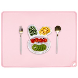 Pink Toddler Placemat-Non Slip Placemat for Girl Baby, Portable Food Mat Reusable Placemats for Travel and High Chairs Silicone Table Mat with Raised Edges-Easy to Clean(1Pack 19.7" x 15.7")