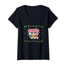 Womens Xmas Tree Lights Funny Red Panda in Christmas Socks V-Neck T-Shirt