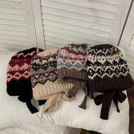 Kids Winter Retro Knit Balaclava Hat LF3186 One Size / Cap Circumference 52-54cm [Recommended for ages 3-9] Wool Pattern Knit Full Cap - Black 3ea