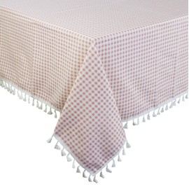Fennco Styles Gingham Check Tassel Cotton Blend 55 x 80 Inch Tablecloth - Pink Table Cover for Banquets, Holiday, Special Events, Outdoor and Home Décor