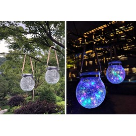 2 Pack Hanging Solar Powered LED Lights,Cracked Glass Ball Light, Waterproof Outdoor Christmas Decorative Lantern for Garden, Yard, Patio, Lawn (Colorful)