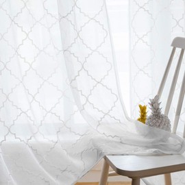 Sheer Curtains White 95 Inches Long, Window Treatments Rod Pocket Drapes for Living Room, Bedroom, Embroidered Moroccan Tile Lattice Design Semi Voile Curtain Panels for Parlor, Set of 2, 52"x95".